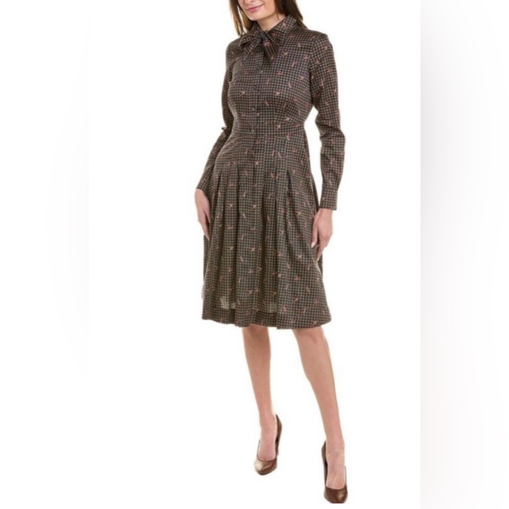Brooks Brothers Brown Long-Sleeve Tie-Neck Pleated Dress with Pink Dot Pattern